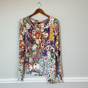 Shana Asymmetrical Hem Floral LS Blouse Womans XL‎ Patchwork Artsy Mature Boho